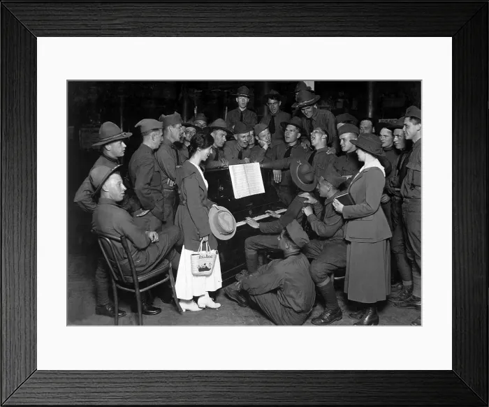 Framed Print : World War I American soldiers singing around the piano at the Y.M.C.A. in Aix-le-Bains, France. August 27, 1918