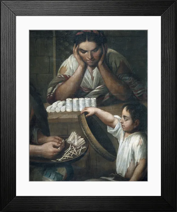 Framed Print : CABRERA, Miguel (1695-1768). De Castizo y Mestiza: Chamizo. Detail of how cigarrettes were made. Casta paintings. Mexican school. Colonial baroque. Oil on canvas. SPAIN. Madrid
