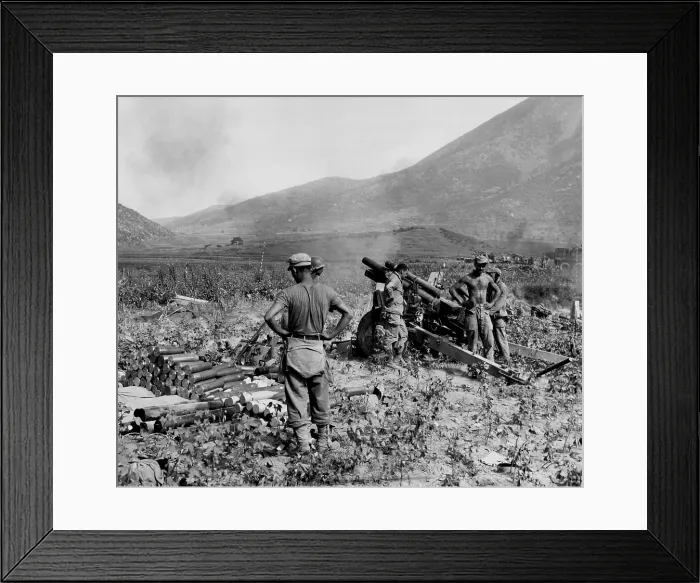 Framed Print : U.S. Marine artillery softens up North Koreans for Marine infantrymen, who are commencing Second Battle of the Naktong River, Sept. 3, 1950. Battle of Pusan Perimeter
