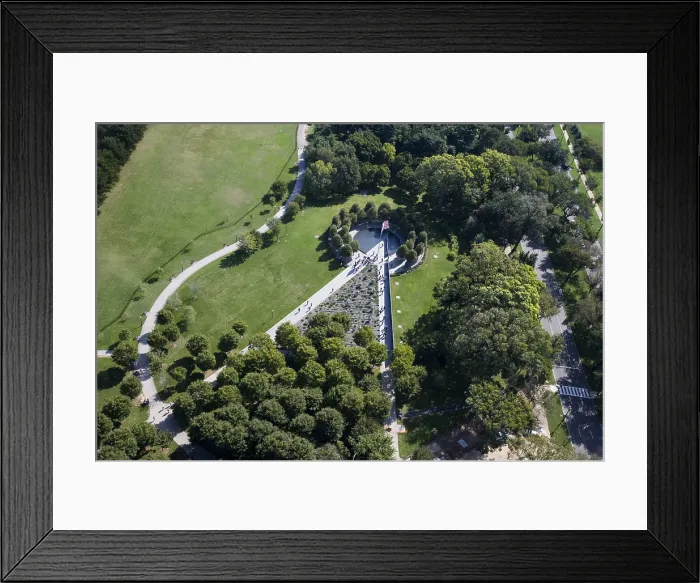 Framed Print : Aerial view of the Korean War Memorial, Washington, D.C. The memorial is in the form of a triangle intersecting a circle with an engraved granite wall on one side Framed Print : Aerial view of the Korean War Memorial, Washington, D.C. The memorial is in the form of a triangle intersecting a circle with an engraved granite wall on one side