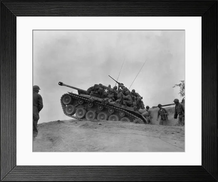 Framed Print : Soldiers on a M-26 tank await an North Korean attempt to cross the Naktong River. Sept. 3, 1950. Second Battle of the Naktong River, part of the Battle of Pusan Perimeter