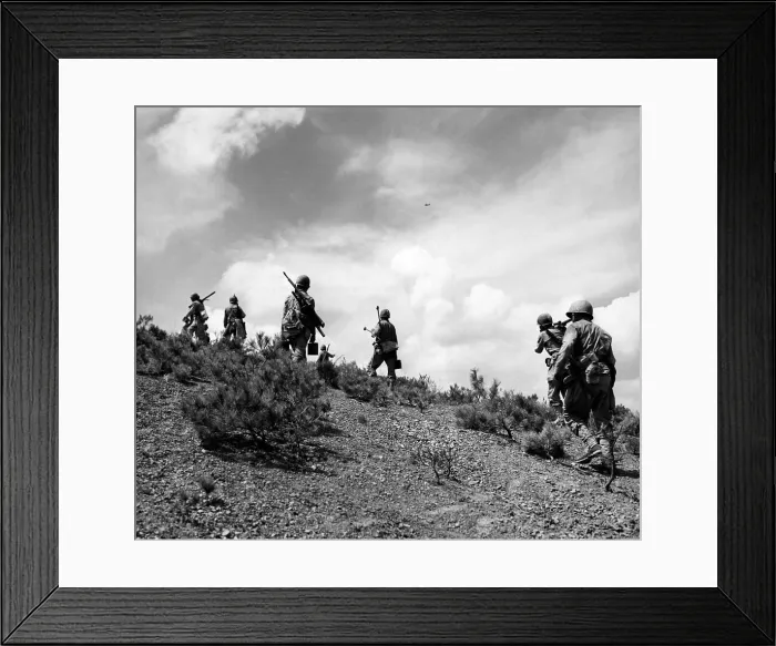 Framed Print : U.S. Marines met almost no opposition as they topped this hill in the Naktong River area. Sept. 4, 1950. Second Battle of the Naktong River, part of the Battle of Pusan Perimeter