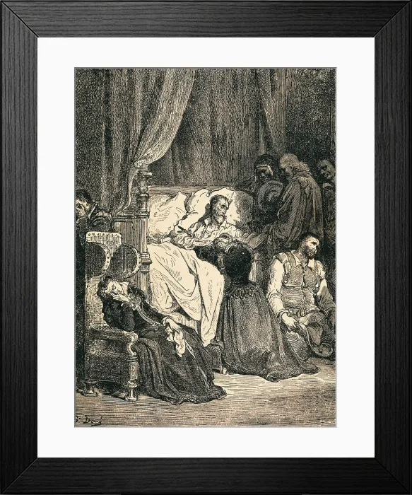 Framed Print : Dore, Paul Gustave (1832-1883). Don Quixote's Death. 1863. Illustration of the last chapter, second part of 'Don Quixote of La Mancha'. Etching. SPAIN. Barcelona