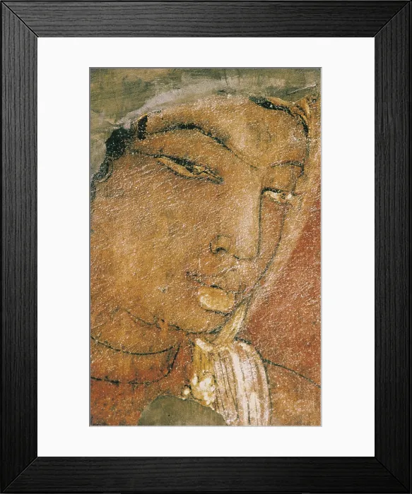 Framed Print : INDIA. Ajanta. Ajanta Caves. Detail with a feminine face. Wall painting inside the cave n. 17 (5th-6th c.). Hindu art. Gupta period. Painting Framed Print : INDIA. Ajanta. Ajanta Caves. Detail with a feminine face. Wall painting inside the cave n. 17 (5th-6th c.). Hindu art. Gupta period. Painting