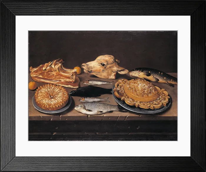 Framed Print : Still Life Ox Head, Sweets and Fishes, by Giacomo Ceruti know as Pitocchetto, 1700 - 1750 about, 18th Century, oil on canvas, - Italy, private collection