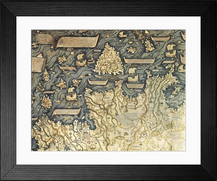 Framed Print : Fra Mauro ( -1460). Fra Mauro map. 1459. Detail of Southeast Asia with the island of Borneo. The map is oriented with south at top. Miniature Painting. ITALY. Venice Framed Print : Fra Mauro ( -1460). Fra Mauro map. 1459. Detail of Southeast Asia with the island of Borneo. The map is oriented with south at top. Miniature Painting. ITALY. Venice