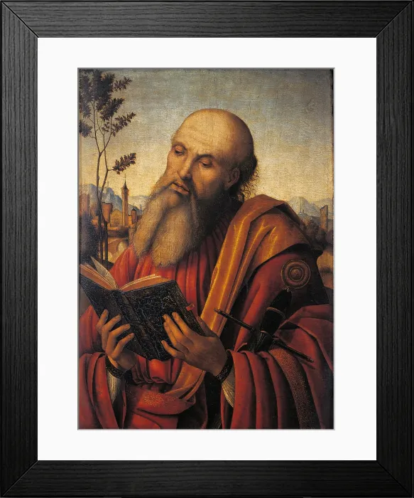 Framed Print : St Paul, by Geminiano Benzoni, 1500 - 1510 about, 16th Century, oil on panel, cm 52 x 37 - Italy, Lombardy, Milan, Brera Art Gallery. St Paul man beard book half length figure