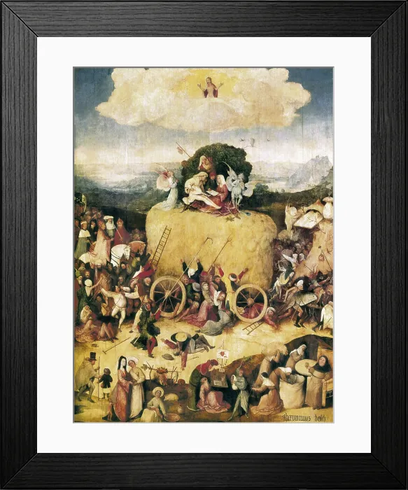 Framed Print : Bosch, Hieronymus Van Aeken, called (1450-1516). The Hay Cart. 1500 - 1502. Central panel. Inspired by a verse from the prophet Isaiah and a flemish proverb. Flemish art Framed Print : Bosch, Hieronymus Van Aeken, called (1450-1516). The Hay Cart. 1500 - 1502. Central panel. Inspired by a verse from the prophet Isaiah and a flemish proverb. Flemish art