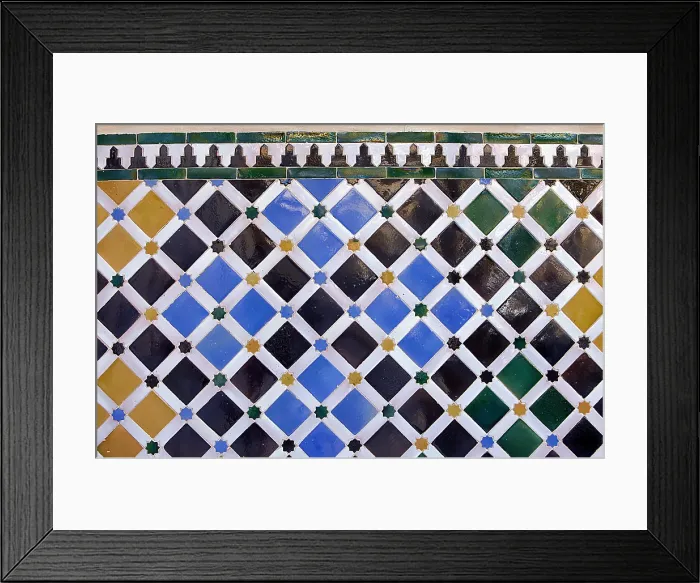Framed Print : Alhambra. SPAIN. Granada. Alhambra. Alhambra, Nazari Palace. Comares Palace. Court of the Myrtles. Detail of the tiles. Hispano-Moresque art. Nasrid dynasty. Decorative Arts