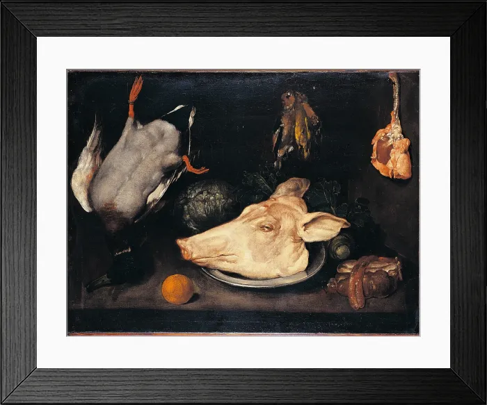 Framed Print : Still Life with Duck, Piglet, Giblets, Cauliflower and a Fruit, by Giacomo Ceruti know as Pitocchetto, 1700 - 1750 about, 18th Century, oil on canvas, cm 66 x 87 - Italy