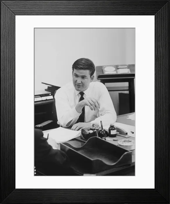 Framed Print : Patrick Buchanan as a White House adviser and speechwriter for Nixon. He started working in Nixon campaigns in 1966 and coined the phrase Silent Majority'. July 12 1969