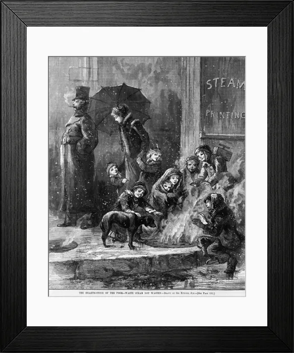 Framed Print : Homeless women and children heating themselves with steam rising from grating in pavement. Wood engraving from Harpers Weekly, Feb. 1876 Framed Print : Homeless women and children heating themselves with steam rising from grating in pavement. Wood engraving from Harpers Weekly, Feb. 1876