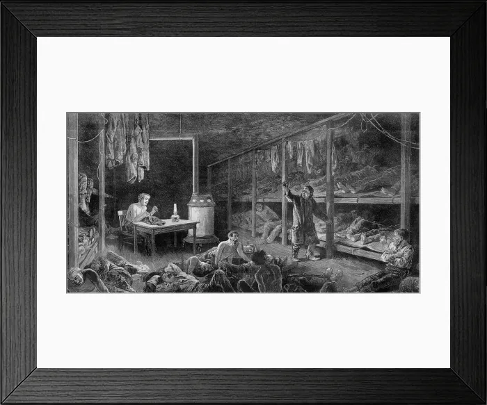 Framed Print : Interior view of New York City lodging house, a five-cent den on Pearl Street, offered bunks or the floor with a central furnace for warmth