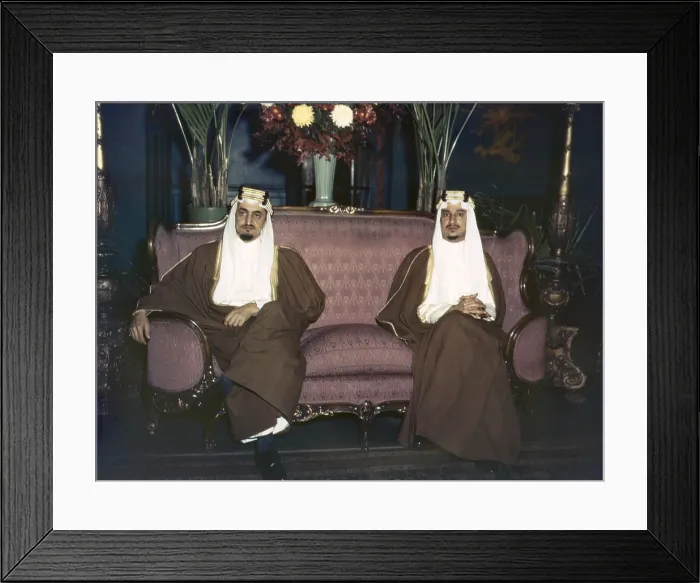 Framed Print : Amir Khalid right and Amir Faisal sons of King Ibn Saud of Saudi Arabia. The Saudi princes made a study of irrigation projects in the US. Ca. 1941 Framed Print : Amir Khalid right and Amir Faisal sons of King Ibn Saud of Saudi Arabia. The Saudi princes made a study of irrigation projects in the US. Ca. 1941