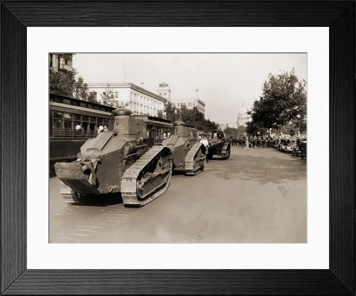 Framed Print : Small tanks are positioned along Pennsylvania Avenue allowing mounted police to hold their ground against Bonus Marchers. The Capitol building stands a short distance behind them Framed Print : Small tanks are positioned along Pennsylvania Avenue allowing mounted police to hold their ground against Bonus Marchers. The Capitol building stands a short distance behind them
