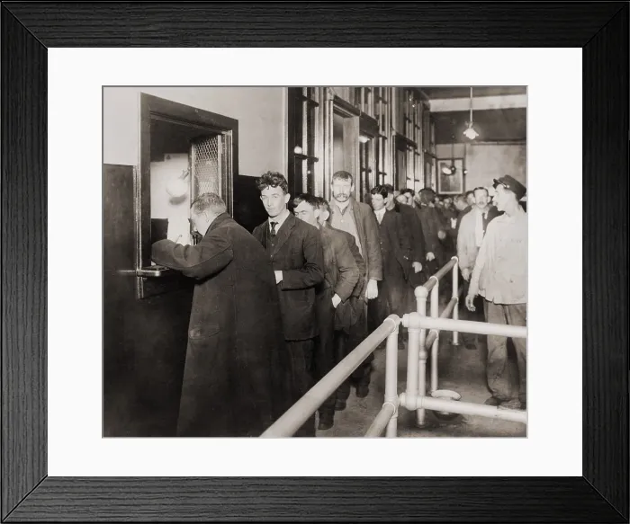 Framed Print : Men in line to register at the six-story New York City Municipal Lodging House at 25th Street between First Avenue and the East River. 1914 Framed Print : Men in line to register at the six-story New York City Municipal Lodging House at 25th Street between First Avenue and the East River. 1914