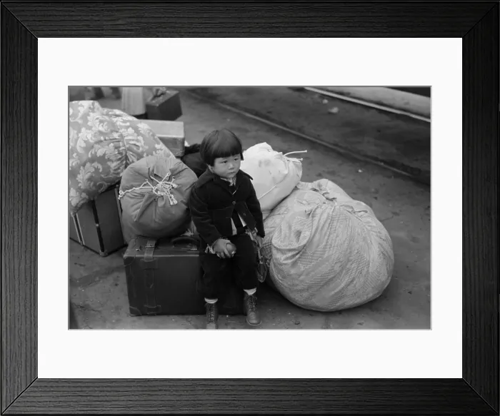 Framed Print : Japanese-American internee. Little child being evacuated with his parents to Owens Valley Internment Camp Manzanar over 200 miles Los Angeles Framed Print : Japanese-American internee. Little child being evacuated with his parents to Owens Valley Internment Camp Manzanar over 200 miles Los Angeles