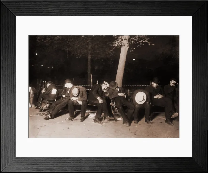 Framed Print : Homeless men sleeping on a park bench in New York City, 1910