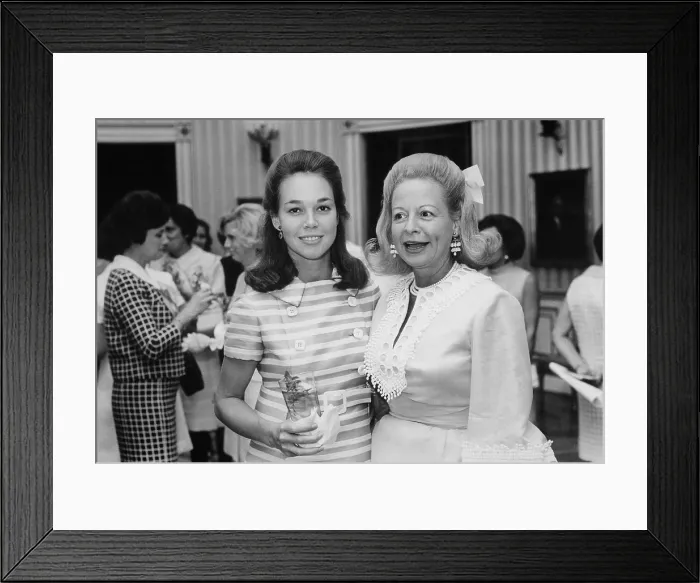 Framed Print : Julie Nixon Eisenhower with Martha Mitchell the outspoken and eccentric wife of Nixon Administration insider Attorney General John Mitchell. July 7 1969