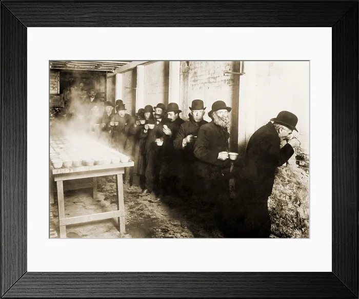 Framed Print : Depression of 1907-8 caused widespread hardship. These well groomed, prosperous looking men are in line at a Bowery Mission for free coffee for unemployed. 1908
