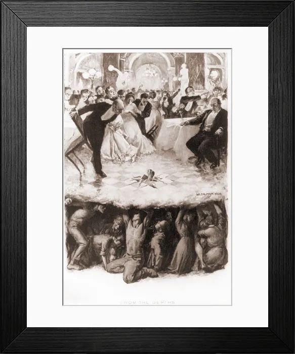Framed Print : Party of the well-to-do is disrupted when a fist erupts through the floor, beneath which are the struggling masses of the less fortunate. Illustration by William Balfour, 1906