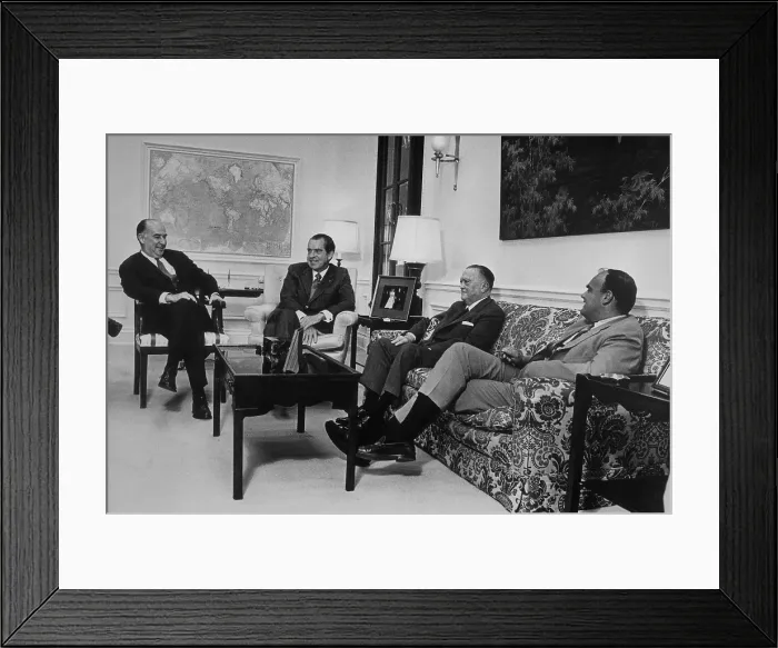 Framed Print : President Nixon conferring with Attorney-General Mitchell FBI Director J. Edgar Hoover and John D. Ehrlichman. Ca. 1969-1972