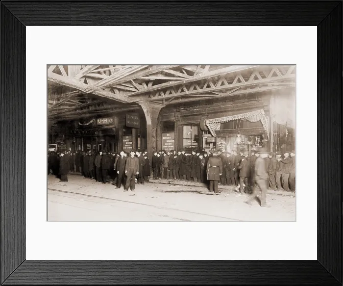 Framed Print : Long Bread line with police presence, outside Bowery Mission in New York City, 1910