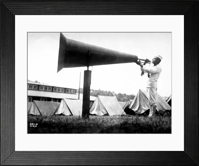 Framed Print : Huge megaphone used to wake up sleeping recruits. U.S. Naval Training Camp, Seattle, Wash. World War I. Ca. 1917-18 Framed Print : Huge megaphone used to wake up sleeping recruits. U.S. Naval Training Camp, Seattle, Wash. World War I. Ca. 1917-18