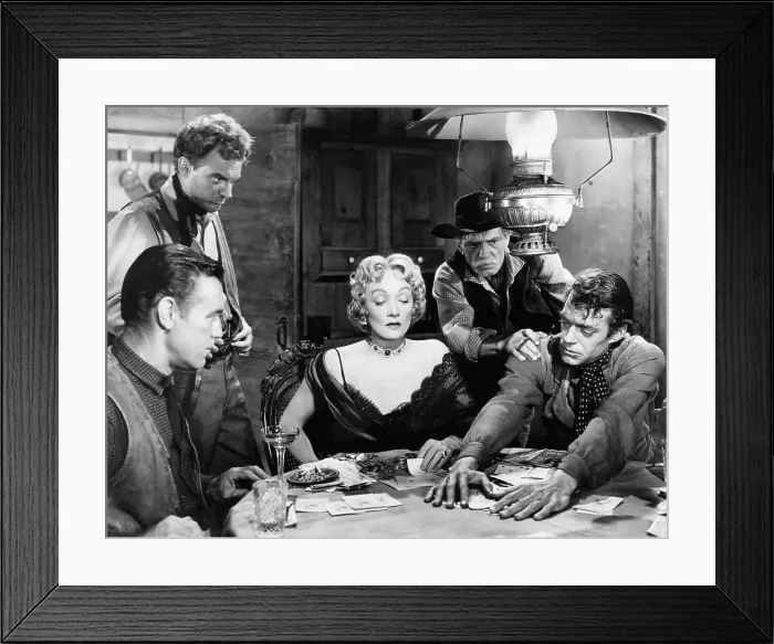 Framed Print : RANCHO NOTORIOUS, Arthur Kennedy (back left), Marlene Dietrich, Jack Elam (right), 1952