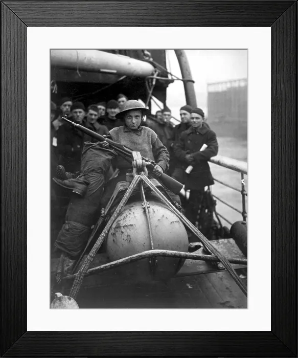 Framed Print : Young Belgian stowaway in soldiers clothing Framed Print : Young Belgian stowaway in soldiers clothing