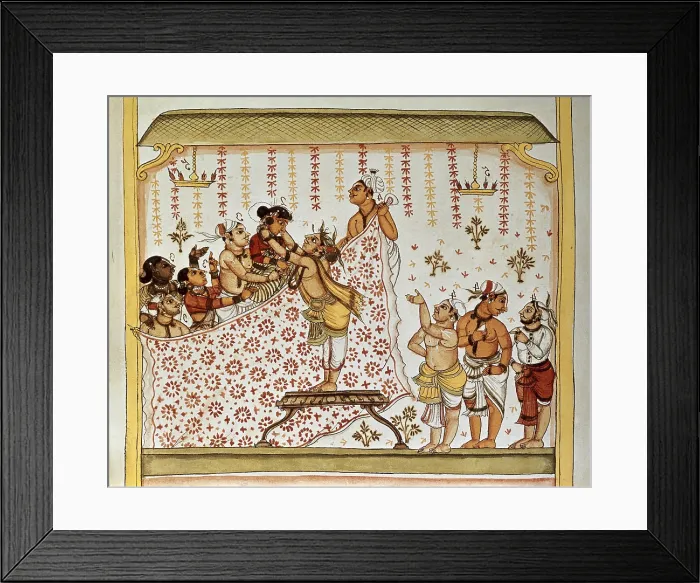 Framed Print : Book of the Moghul. Ms. 8300. 17th c. Wedding ceremony. The groom gives the bride a gold necklace. Hindu art. Miniature Painting. ITALY. Venice. Biblioteca nazionale marciana (St)