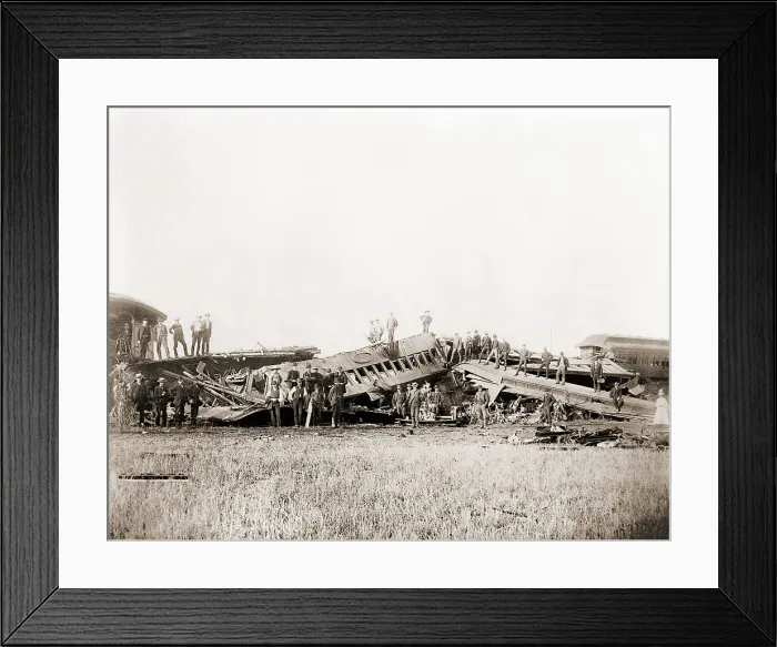 Framed Print : 1887 Great Chatsworth train wreck destroyed a large passenger train of two steam engines pulling six wooden passenger cars, six sleeper cars, and three luggage cars