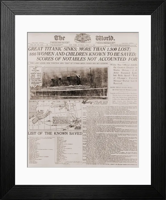 Framed Print : Front page of The New York WORLD of April16, 1912, headlining the sinking of the Titanic