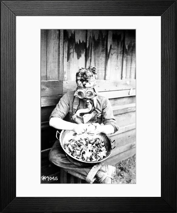 Framed Print : U.S. soldier putting his respirator to good use while peeling onions. 40th Division, Camp Kearny, San Diego, California. World War I. March 1918
