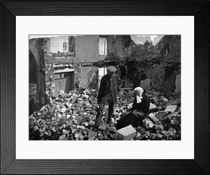 Framed Print : An elderly French couple in the ruins of their home in a battle devastated area, vacated by the Germans. World War I. Ca. 1916