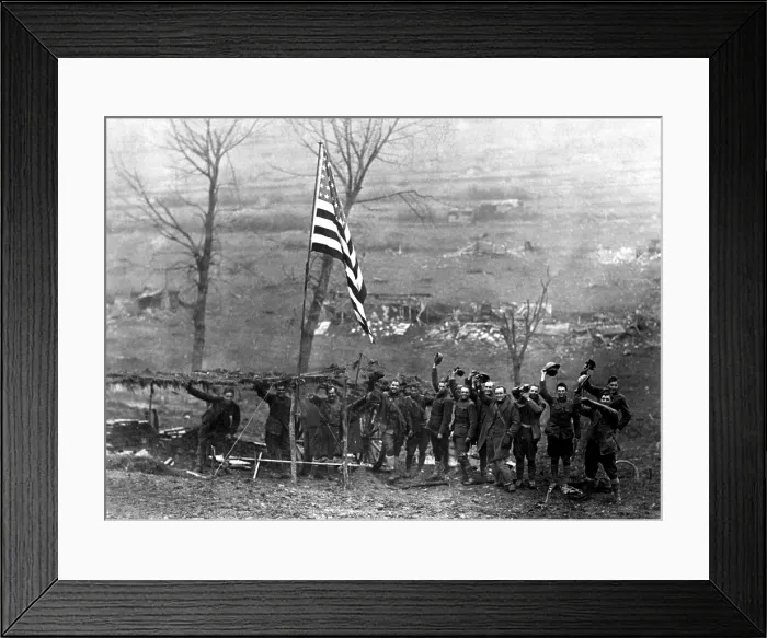 Framed Print : Peace celebration on the battlefield. An American flag was hoisted by the U.S. 105th Field Artillery, when the armistice went into effect. Etraye, France. World War I. Nov