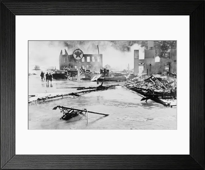 Framed Print : Great Hurricane of 1938. Flood and fire damage in Peterboro, N.H. which occurred after a hurricane which hit New England on September 21, 1938 Framed Print : Great Hurricane of 1938. Flood and fire damage in Peterboro, N.H. which occurred after a hurricane which hit New England on September 21, 1938