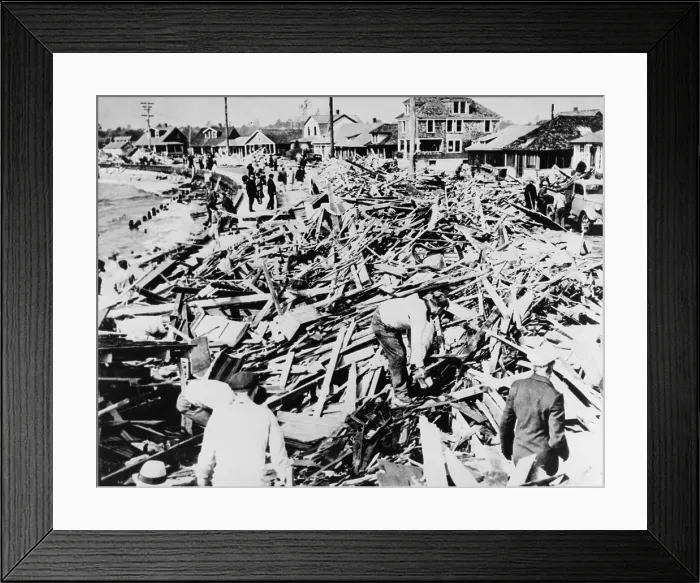 Framed Print : Great Hurricane of 1938. Rescue workers combing debris at Myrtle Beach, Connecticut. 700 people were killed during the September 1938 storm