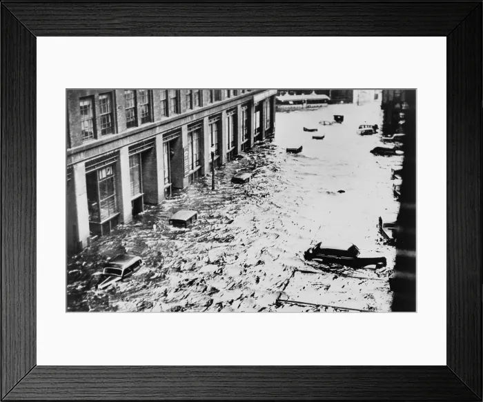 Framed Print : Great Hurricane of 1938. Automobile roofs on flooded Sabin Street, Providence, Rhode Island. September 1938