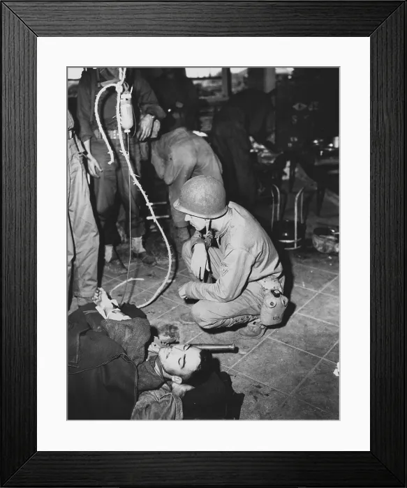 Framed Print : A wounded Marine is given whole blood by a medic at Yellow Beach Inchon, Korea. Sept. 17, 1950. After Korean War, 1950-53. (BSLOC_2014_11_48) Framed Print : A wounded Marine is given whole blood by a medic at Yellow Beach Inchon, Korea. Sept. 17, 1950. After Korean War, 1950-53. (BSLOC_2014_11_48)