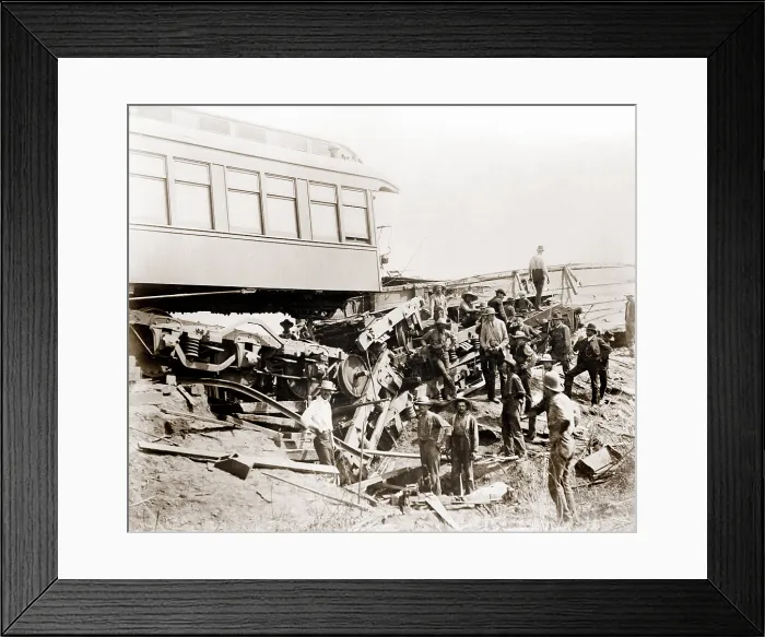 Framed Print : 1887 Great Chatsworth train wreck of the Niagara Excursion Train showing the sleeper car Tunis at the culvert 5 that caused crash. August 10, 1887