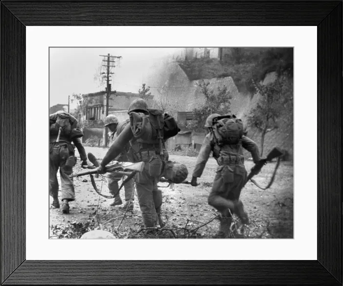 Framed Print : United Nations forces carry a soldier wounded in the street fighting to an aid station, during 2nd Battle of Seoul. Sept. 22-25, 1950. South Korea and U.S