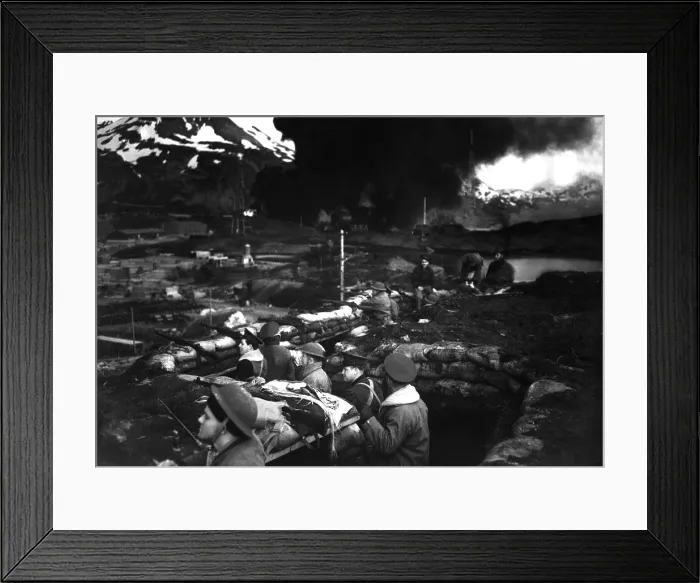Framed Print : World War 2 battle in the Aleutian Islands. U.S. Marines on the alert between attacks on Dutch Harbor, June 3, 1942
