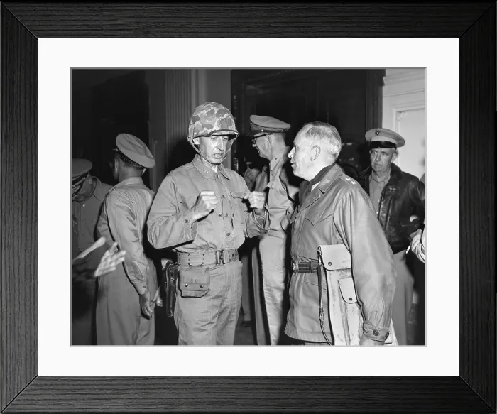 Framed Print : 1st Marine Div. Gen. Oliver Smith, talks with Maj Gen Edward M. Almond, Tenth Corps commander. Ca. Sept 22-30, 1950. Seoul, Korea. Korean War, 1950-53. (BSLOC_2014_11_62)