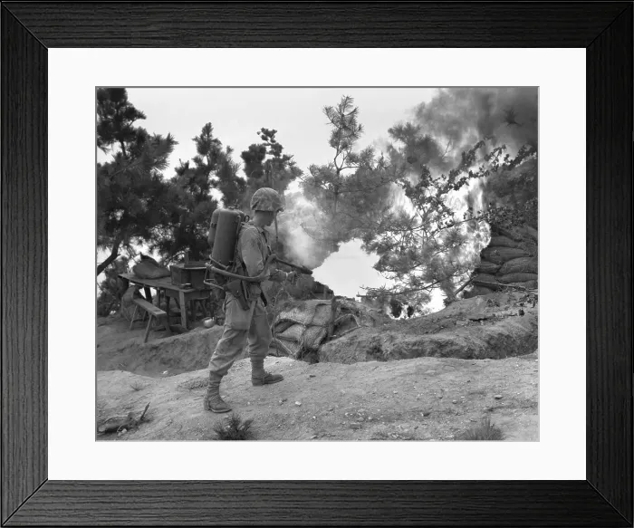 Framed Print : U.S. Marine uses flame thrower to burn out enemy position on Wolmi Island, gateway to Inchon. Sept. 15, 1950. Korean War, 1950-53. (BSLOC_2014_11_35)
