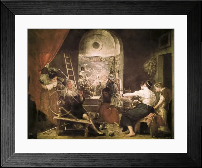 Framed Print : VELAZQUEZ, Diego Rodriguez de Silva (1599-1660). The Spinners, or The Fable of Arachne. 1657. Five women working Framed Print : VELAZQUEZ, Diego Rodriguez de Silva (1599-1660). The Spinners, or The Fable of Arachne. 1657. Five women working