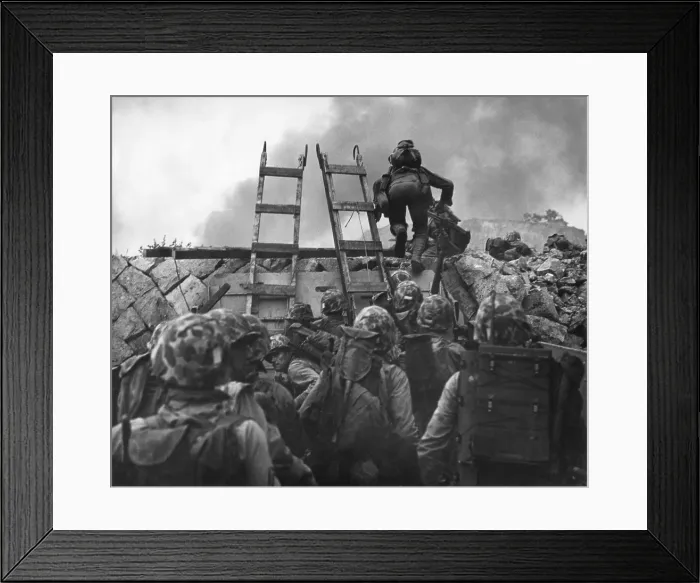 Framed Print : U.S. Marines use scaling ladders to storm ashore at Red Beach in the amphibious invasion of Inchon. Sept. 15, 1950. Korean War, 1950-53. (BSLOC_2014_11_38)