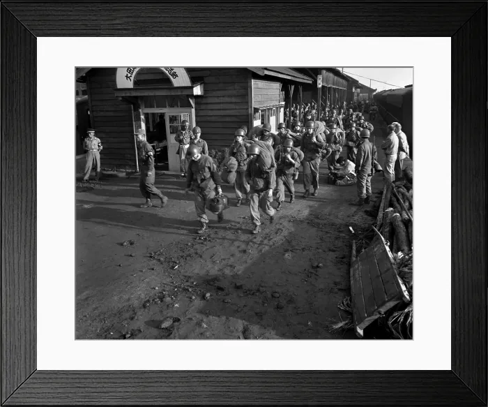 Framed Print : Task Force Smith arrives at Daejeon train station, South Korea. They were the first 406 U.S