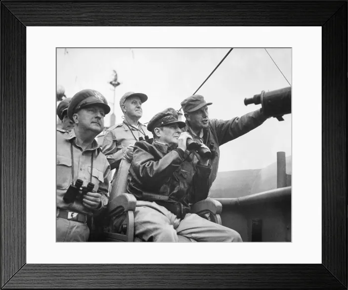 Framed Print : U.S. Commanders observe the shelling of Inchon, Korea, from the U.S.S. Mt. McKinley. Front row, L-R: Brig. Gen. Courtney Whitney; Gen