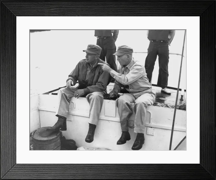 Framed Print : U.S. Commanders go ashore at Inchon, Korea, aboard a motor launch of the USS Mt. McKinley. L-R: Maj. Gen. Edward Almond, Lt. Gen. Lemuel Shepherd. Sept. 15, 1950